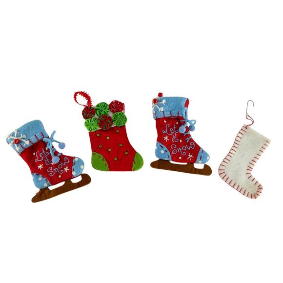 Vintage Let It Snow Mini Stocking Ornaments Set of 4 Felt Corduroy Style - Picture 10 of 11